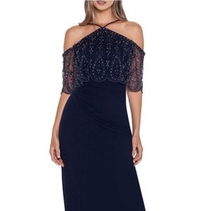 XSCAPE Fabulous Beaded Cold Shoulder Dark Navy Blue Gown NWT Sz 14